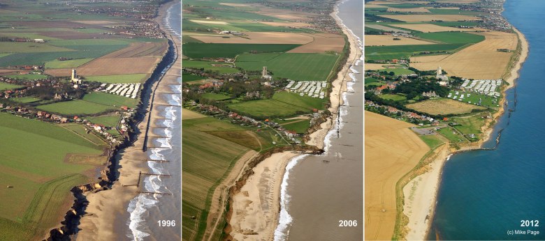 Happisburgh in 1996, 2006 and 2012 during which time it has lost a number of sea front properties (copyright Mike Page)