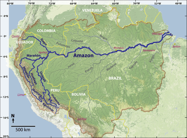 The Amazon River basin, including dark traces for each proposed source rivers: Napo, Marañón, Huallaga, Urubamba, Apurímac, and Mantaro. Source: James Contos