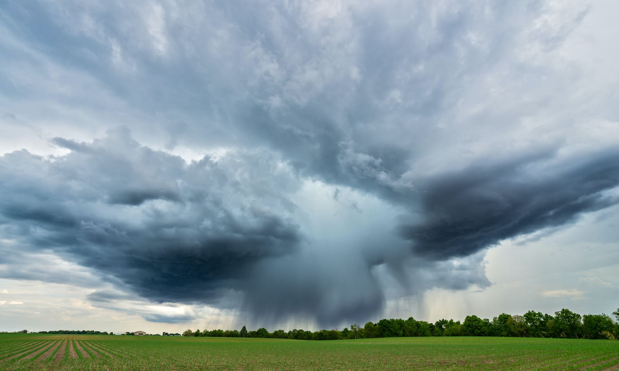 Large storm clouds over a green field.