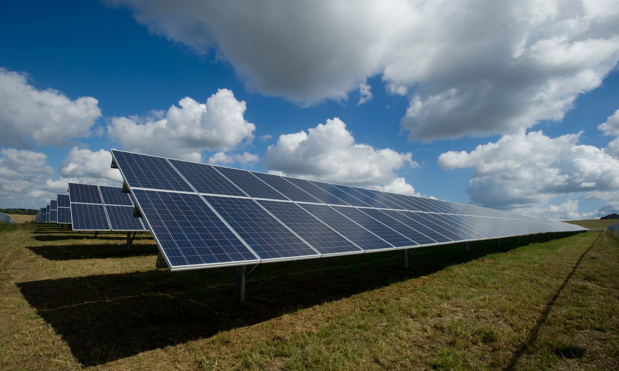Solar panels on a green field